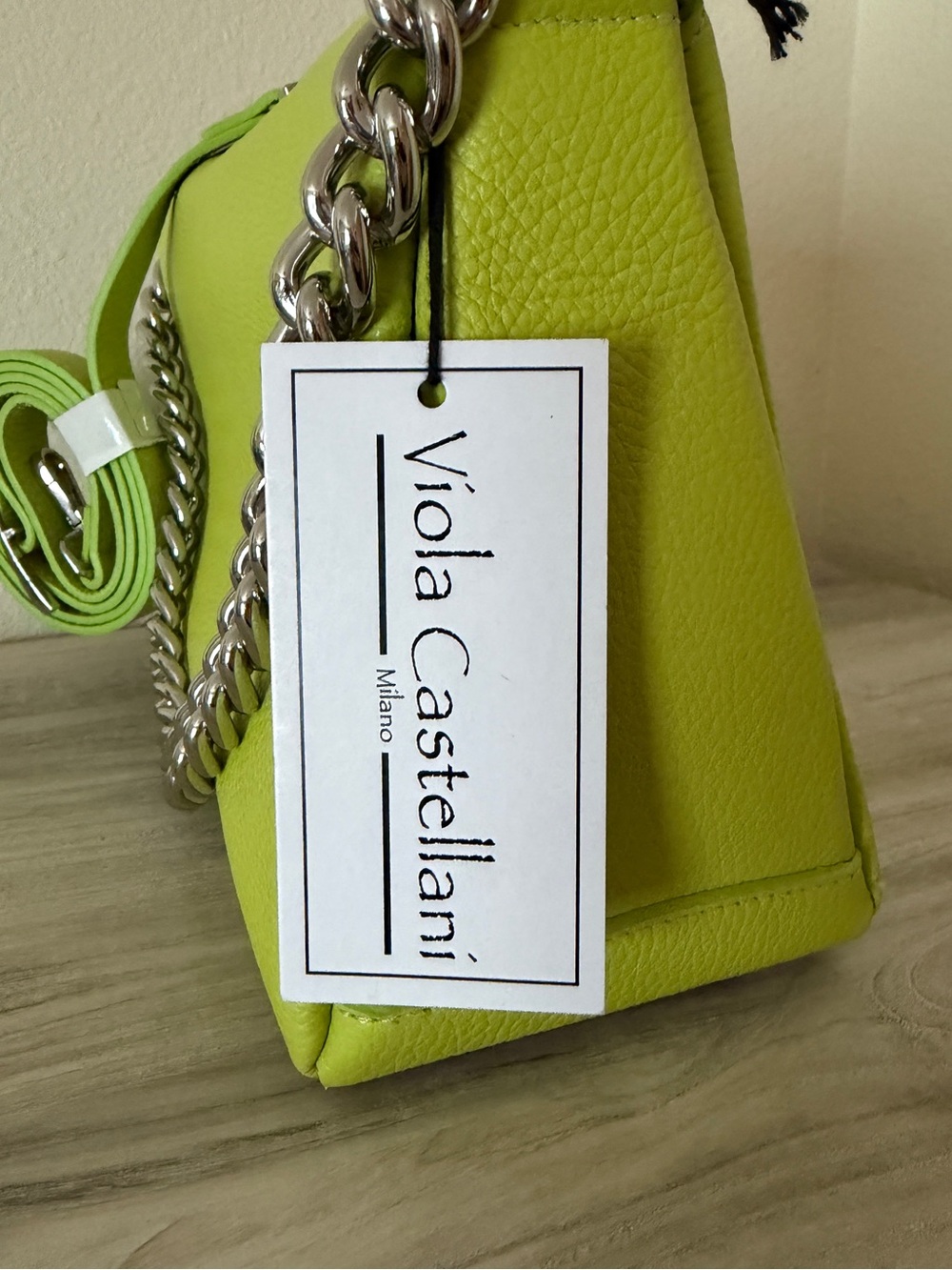 Viola Castellani Chartreuse Leather Bag with Silver Chain - Picture 4 of 15